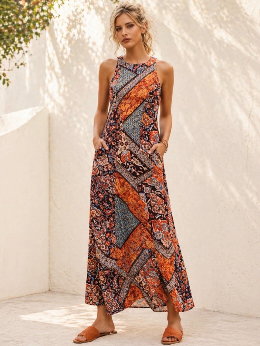 Organic Cotton Bohemian Patchwork Print Long Maxi Dress w/ Pockets 4 Seasons XL